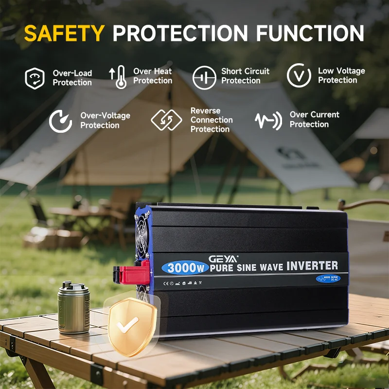 GEYA Pure Sine Wave Inverter Car Power Inverter DC 12V to AC 220V Universal EU Socket for RV, Truck, Solar Auto Accessories