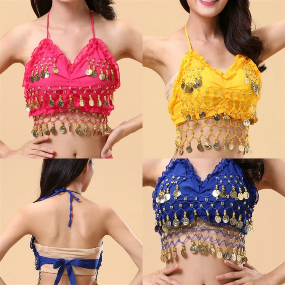 Women's Belly Dance Top Costume Padded Bra Halter Coins Sequin Performance Outfits Club Party Rave Dance Sexy Crop Tops Lace Up