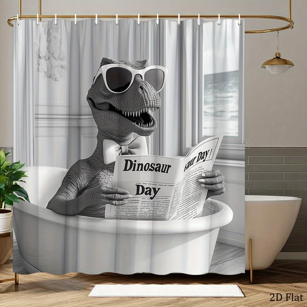 1pc Dinosaur Bath Shower Curtain - Humorous Cartoon Dinosaur in Fashion Glasses & Bow Tie Reading 