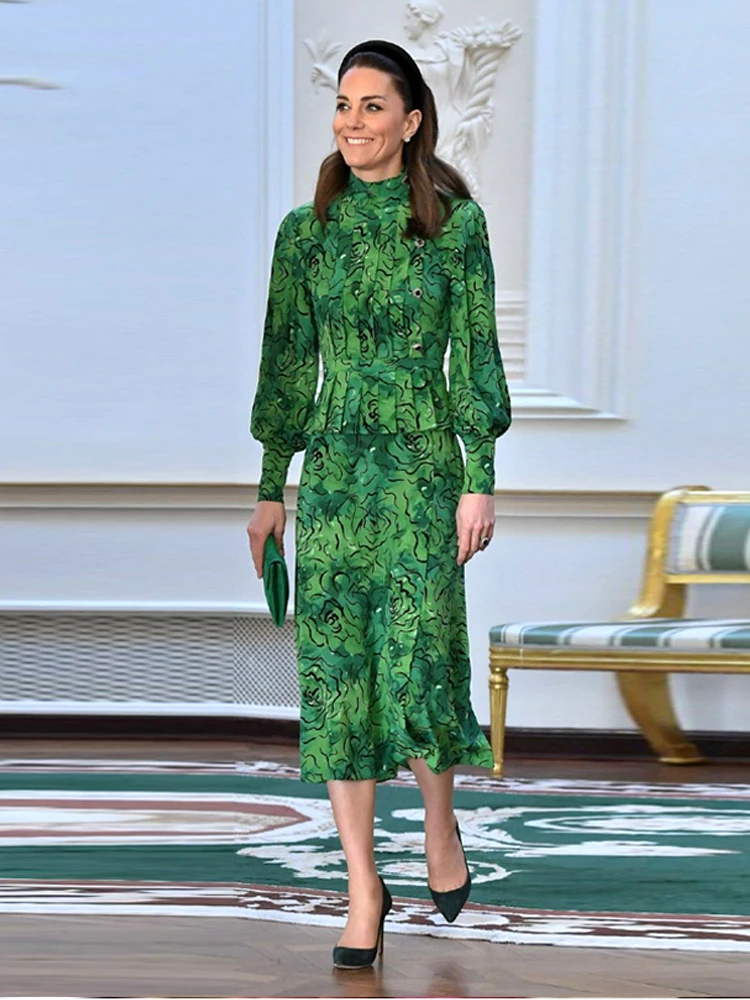 kate middleton green floral dress Princess High Quality Casual Office Lady Workplace Spring Autumn Floral-Print tablecloths