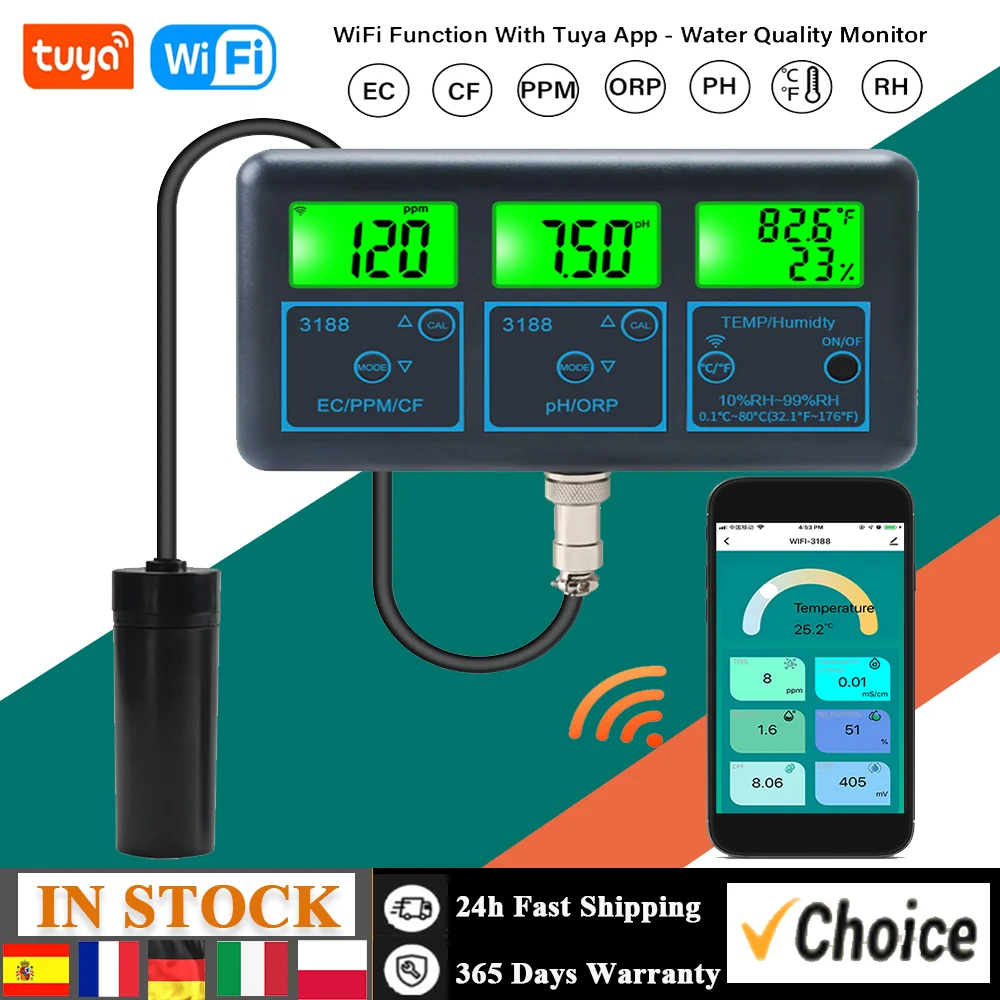 Tuya WiFi 7 in 1 Water Quality Tester Multifunctional PH ORP EC PPM CF RH Temp Monitor Analyzer for Aquarium Aquaculture