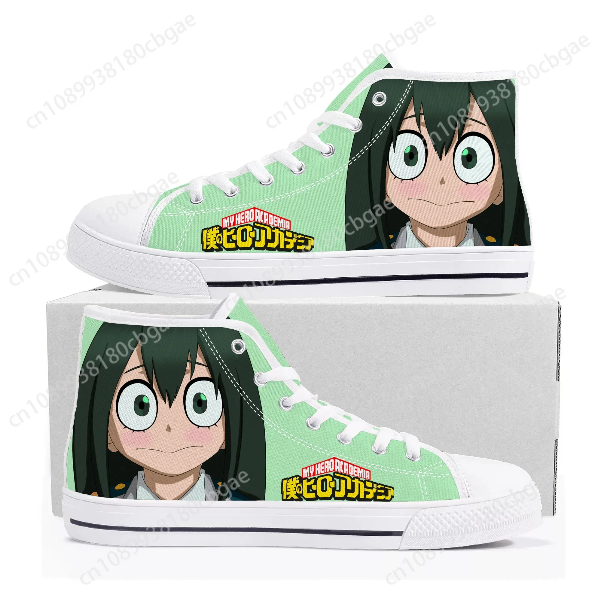 

Hot Anime Cartoon Asui Tsuyu High Top Sneakers My Hero Academia Mens Womens High Quality Canvas Sneaker Couple Shoes Custom Shoe