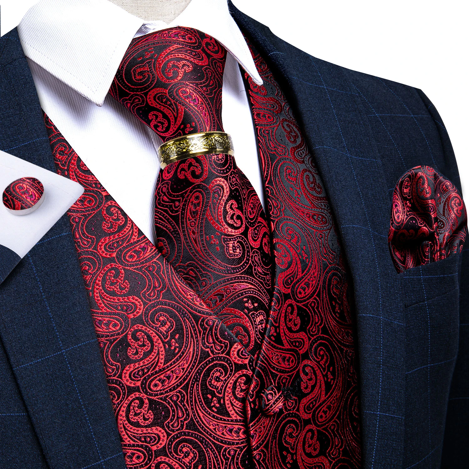 Luxury Red Paisley Silk Men's Vests Neck Tie Set With Ring Wedding Party Slim Suit Vest Men Waistcoat Casual Sleeveless Jacket