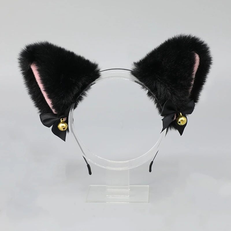 Lolita-Diadema con orejas de zorro y gato para niña, diadema de pelo de piel sintética, lazo de campana, diadema de Anime para Halloween, accesorios para el cabello