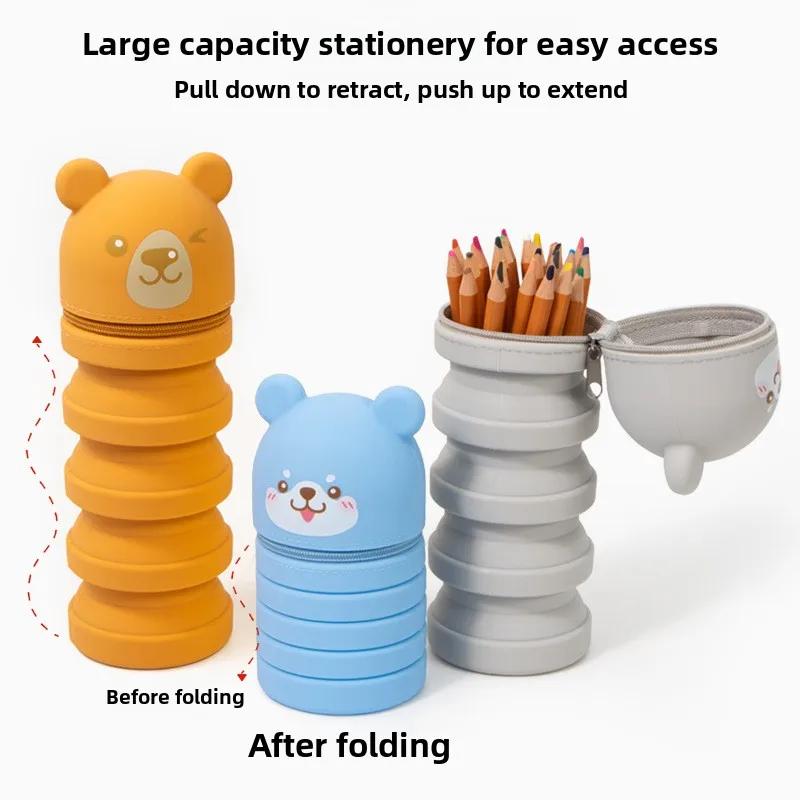 Food Grade Silicone Retractable Pencil Case Cute Cartoon Animal Pen Pouch Portable Stationery Bag for Students Kids