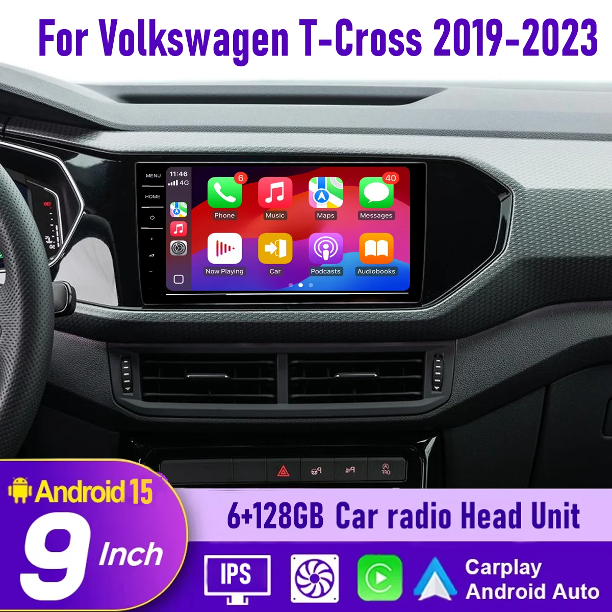 

9“ Wireless CarPlay Android auto 6-128GB (8CORE) For VW T-Cross 2019-2023 MQB Radio QLED Screen Android Head Unit Navigation Car