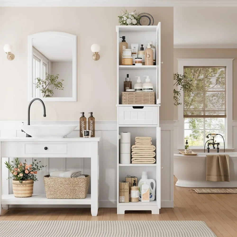 خزانة حمام طويلة بطول 67 بوصة، خزانة حمام من الكتان قائمة بذاتها مع أبواب ورف قابل للتعديل، أرضية مطبخ ضيقة