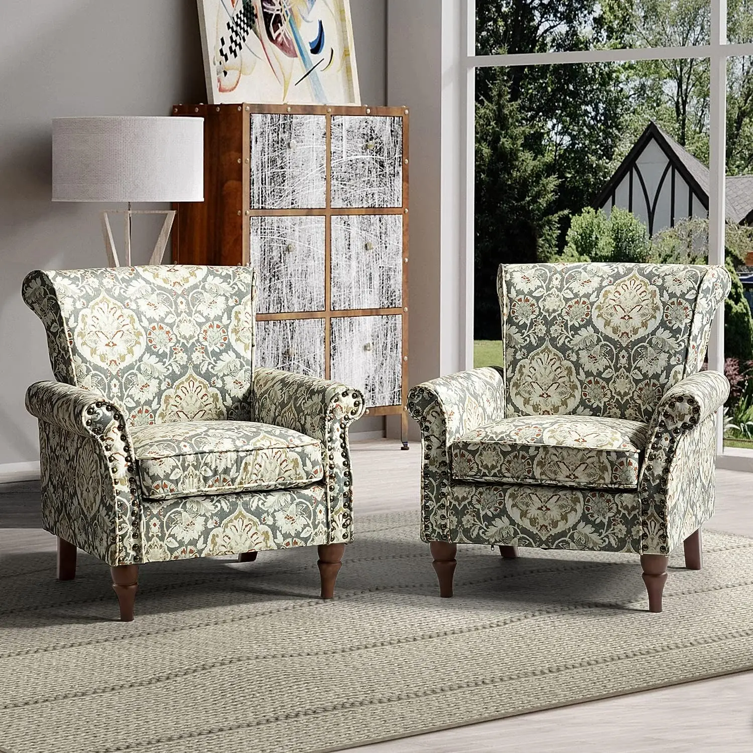 Modern Wingback Accent Chairs Set of 2 with Wood Legs & Removable Cushion, Comfy Upholstered Armchairs with Nailhead Trim, Pine