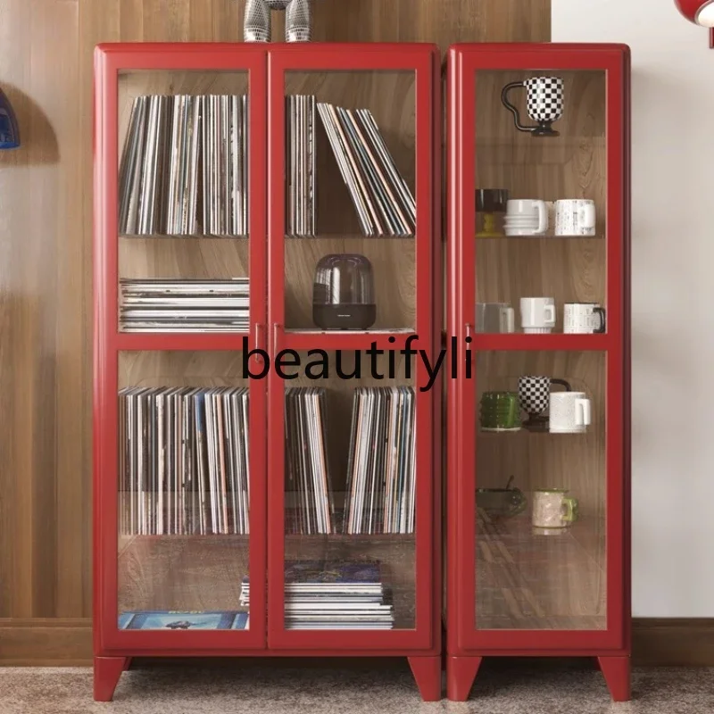 D2520 Vintage Lacquered Bookcase Living Room Side Cabinet Storage Solid Wood Display Organizer Cabinet