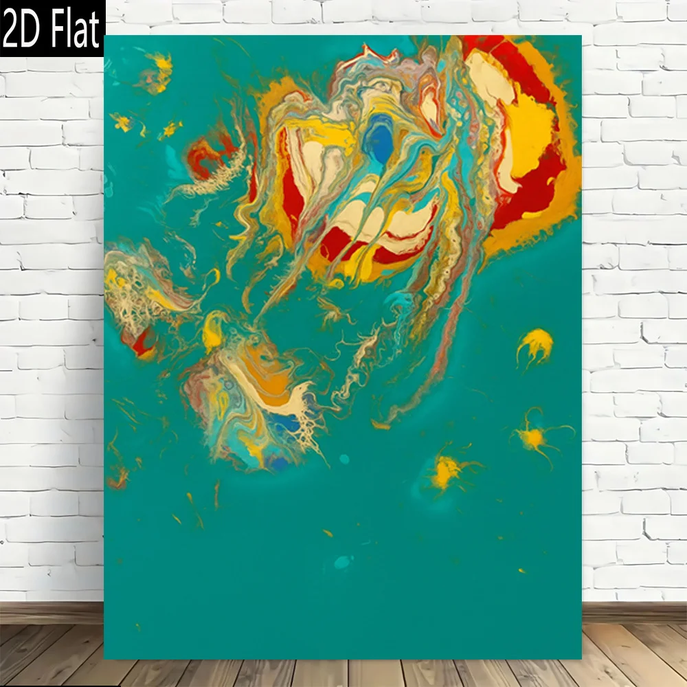 ملصق فني سائل تجريدي بدون إطار مكون من قطعتين مسطحًا، قطعة واحدة - أزرق فيروزي، أصفر، أحمر، أسود، أبيض، لوحة ريترو حديثة ذهبية - Hig