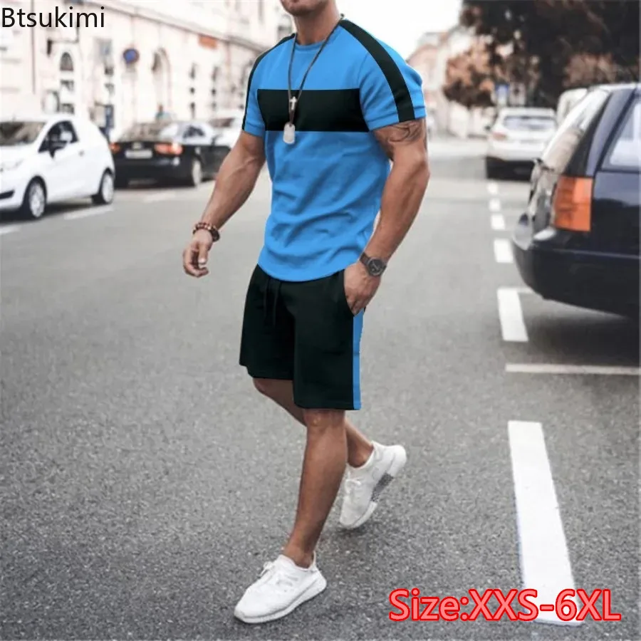 2024 New Sport Gym Fitness Sets for Men Fashion Patchwork Design Loose Casual Tracksuit Men Two Pieces Short-sleeved Tops+Shorts