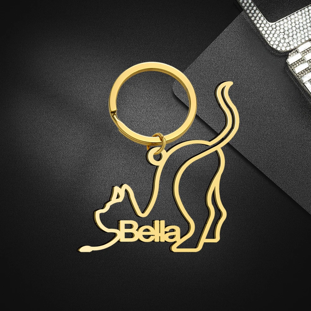 

Lemegeton Personalized Name Keychain Cute Cat Pendant Stainless Steel Jewelry for Women Girls Customized Key Chain Party Gifts