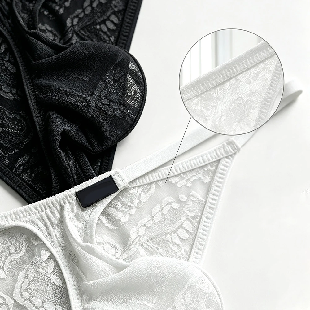 Men Underwear Lace Jacquard Briefs See Through Thin Bulge Pouch Breathable Soft High Fork G-strings Underpants
