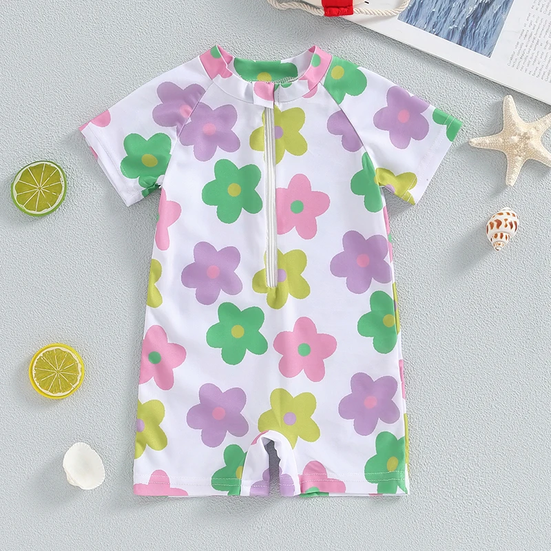 Baby Girl Swimwear Summer Floral Print Short Sleeves Swimsuits for Toddler Bathing Suits Beachwear