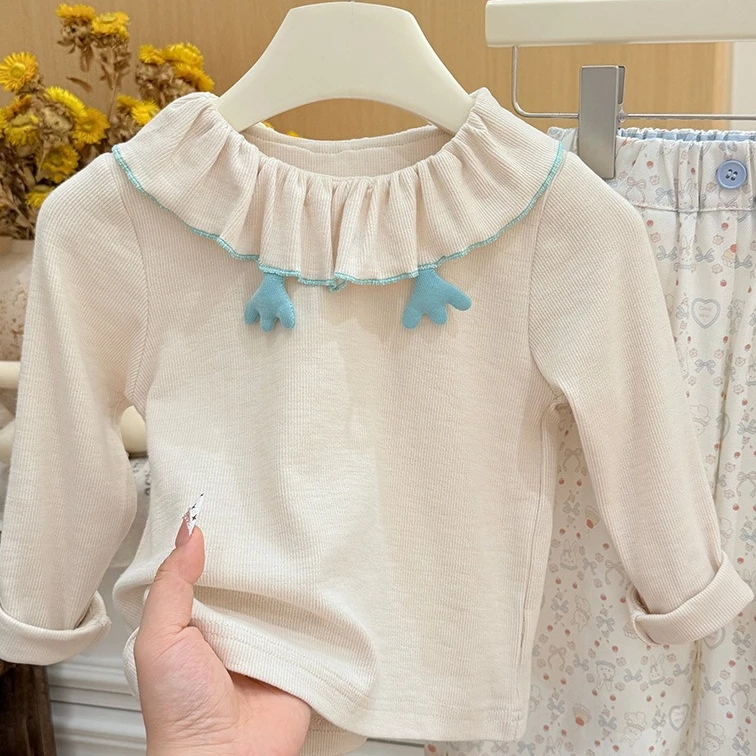 Girls T-shirt 2026 Autumn and Winter New Childrens Clothing Korean Style Girl Baby Cute Design Feeling Flouncy Edge Bottom Shirt