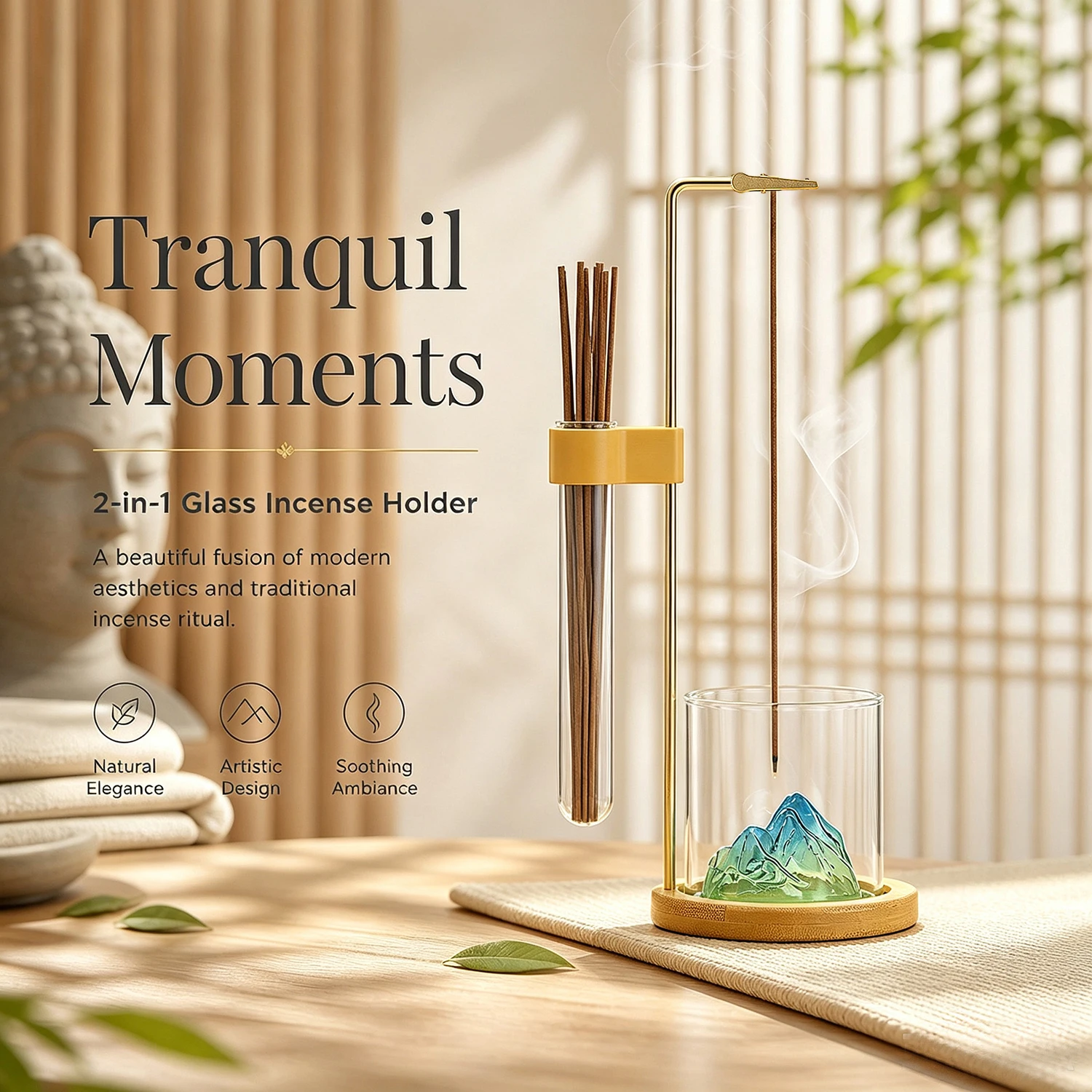 2 in 1 Glass Incense Holder Anti-Ash Flying Incense Burner Mountain Incense Stick Holder with Ash catcher for Yoga Meditation