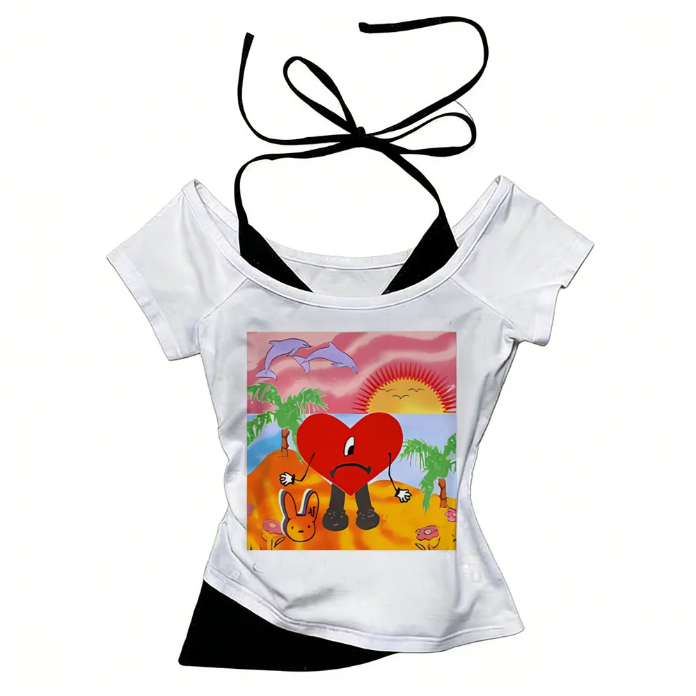 Bad Bunny t shirt girl Y2k Trendy Pop Culture kawaii Vintage Retro tshirt Colorful Digital Y2k Punk Grunge korean clothes