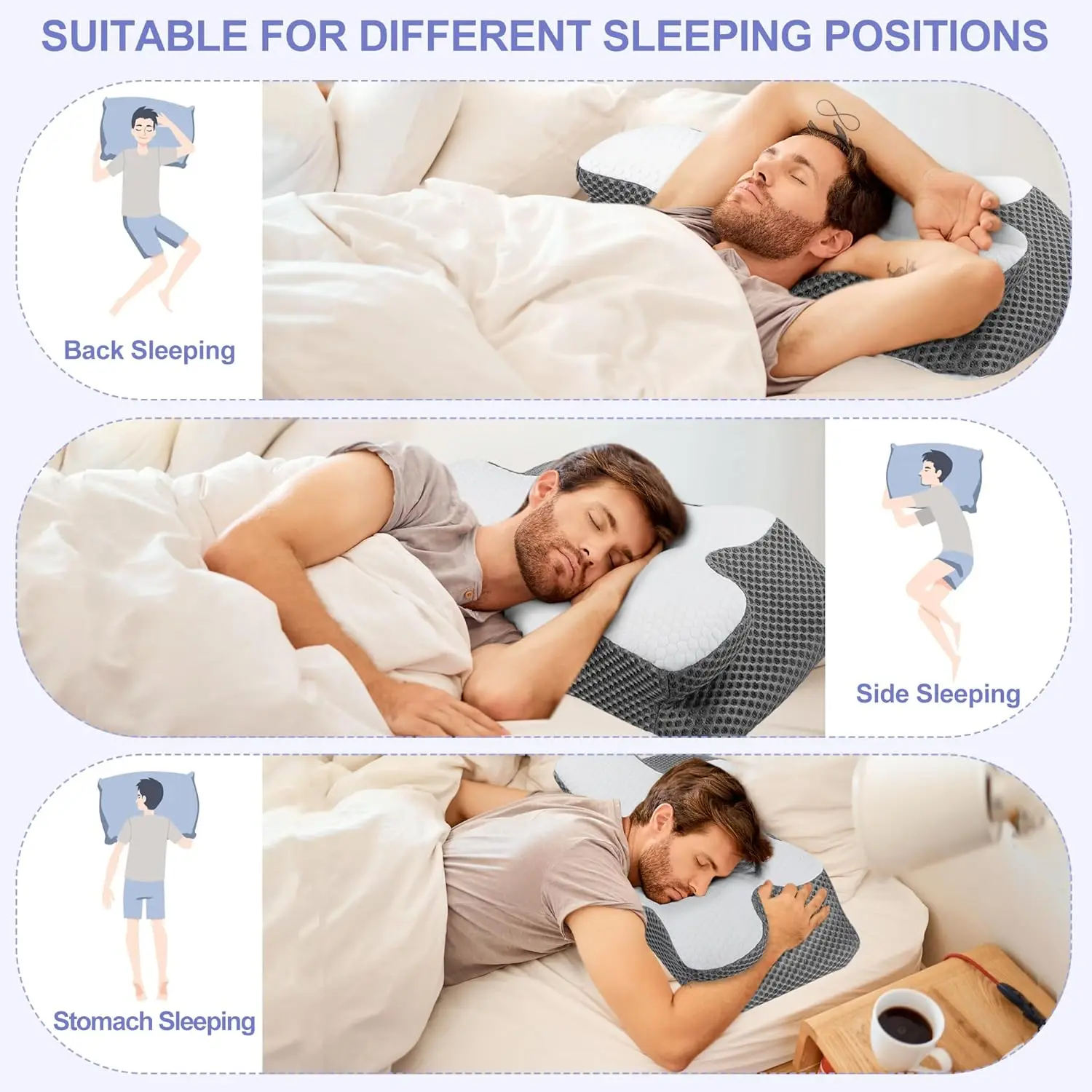 Oreiller ergonomique pour le cou, noyau en mousse à mémoire de forme haute densité avec housse lavable pour les voyages et le repos
