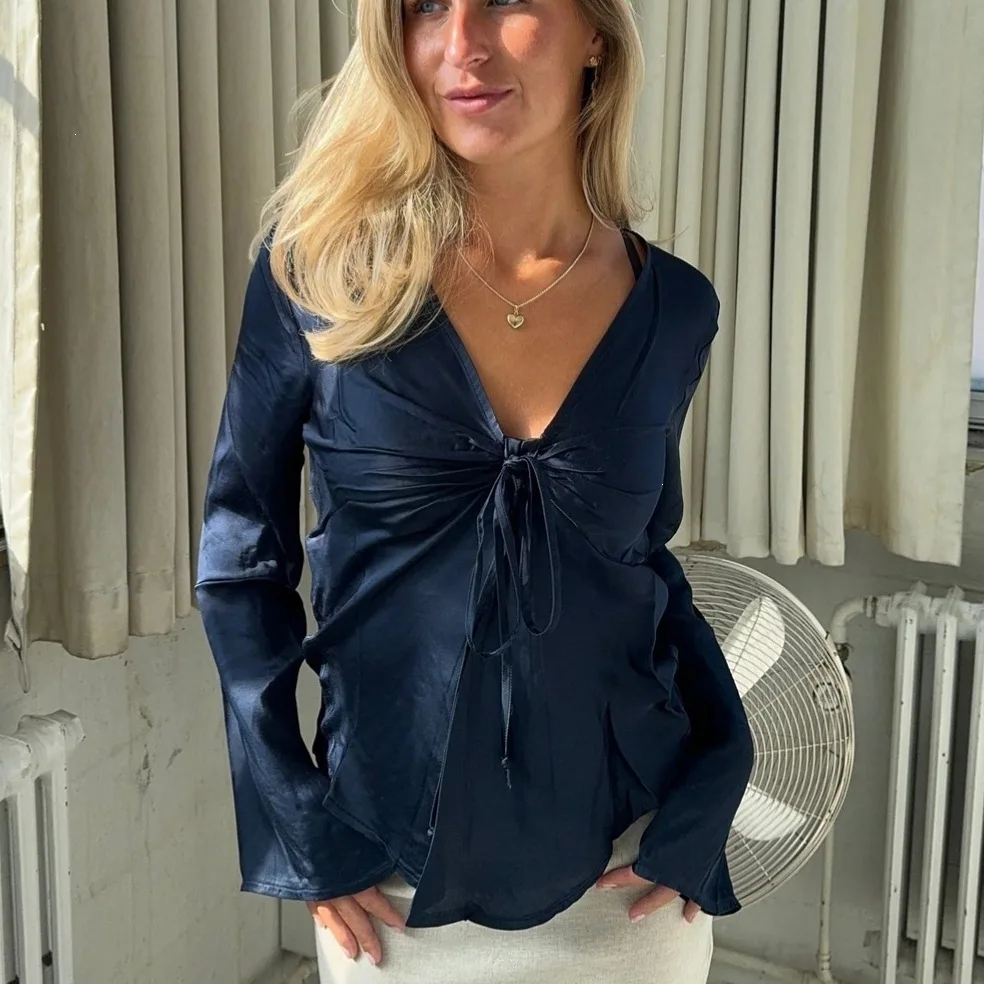 Women Deep V Neck Front Tie Long Sleeve Blouse Satin Silky Curved Hem Slim Fit Solid Color Casual Y2K Top