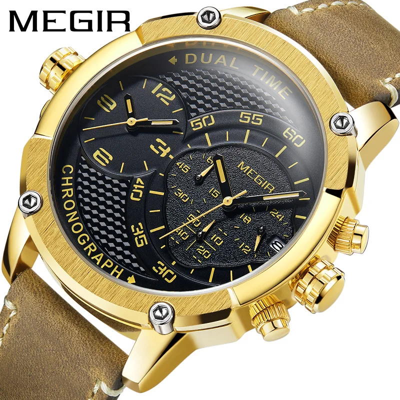 

MEGIR 2093 Men Watch Luxury Leisure Waterproof Chronograph Military Army Brown Leather Strap Analog Display Male Wrist Watches