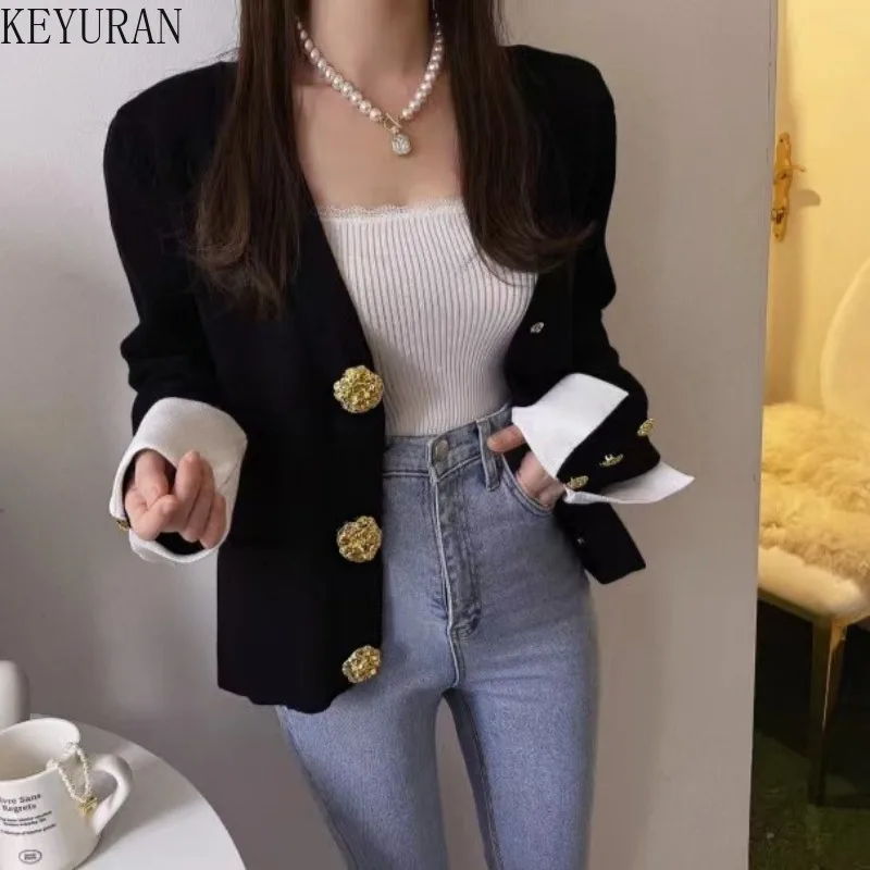 2024 Autumn Winter Korean Chic Knitted Cardigan Women Elegant V-neck Long Sleeve Contrast Color Gold Button Sweater Coat Jumpers