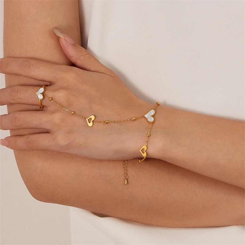 316L Stainless Steel 2025 New Fashion Jewelry Embed Seashell Heart Shape Bracelet Ring Integrate Together Charm Chain For Women