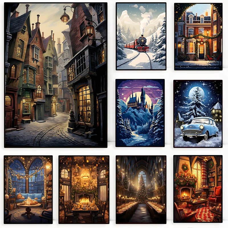 （2D canvas painting）Watercolour Christmas Magic School Express Castle Wizard Movie Winter Landscape Poster Canvas Painting Wa