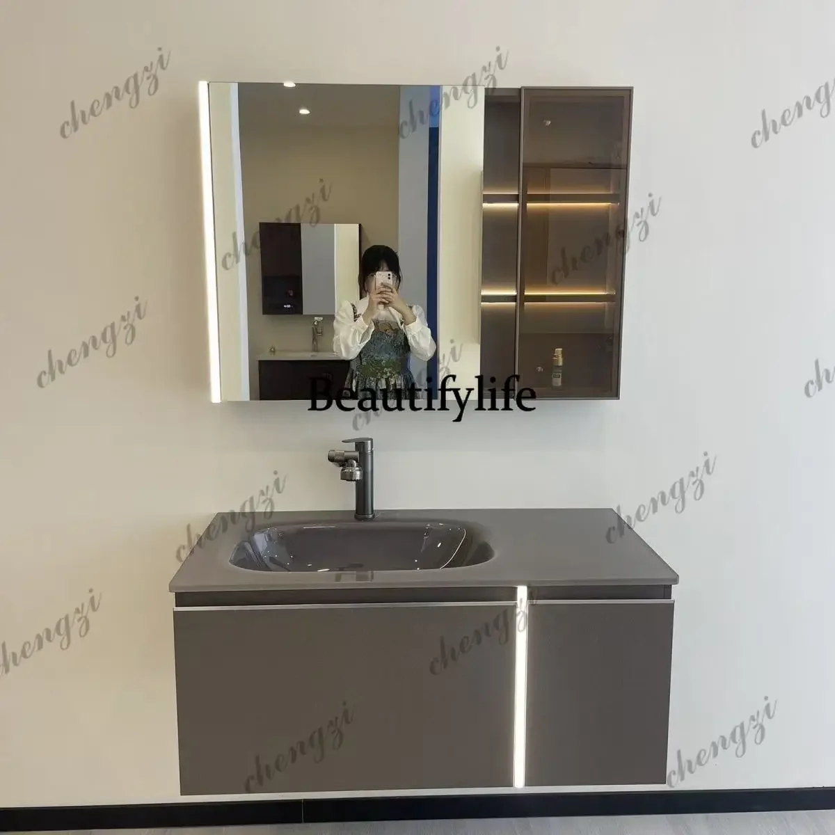 p18    Light luxury tempered glass integrated basin solid wood bathroom cabinet combined bathroom washstand
