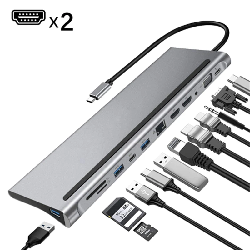

12-in-1 Fast Type C USB Hub Dual 4K Docking Station RJ45 Pd HDMI-Compatible USB3.0 2.0 Hub Charging VGA Audio Jack 3.5mm Adapter