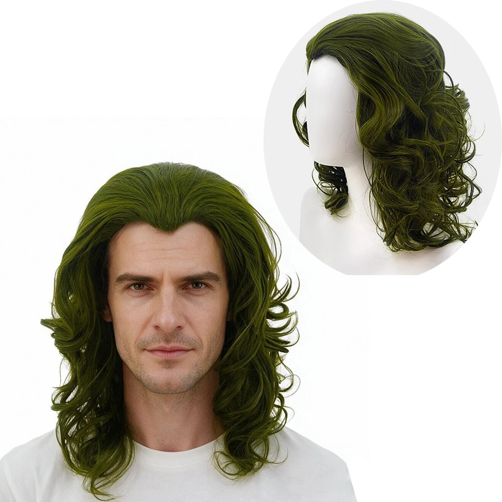 Movie Cosplay Wig Green Medium-Length Wig with A Natural Center Part Loose Wave Halloween Heat-Resistant Synthetic Fiber Men Wig