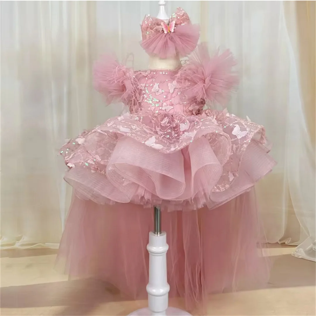 Customized  Shiny Flower Girl Dress Puffy Purple Layered Princess Photosession Dress For Wedding Infant 1st Birthday Ball Gown
