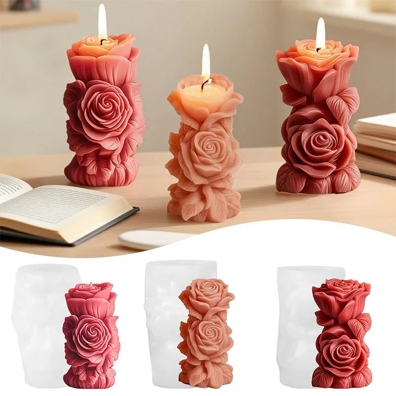 

DIY Rose Pillar Candle Silicone Mold 3D Geometric Flower Column Scented Candle Plaster Ornament Mold Handmade Gift Wedding Decor