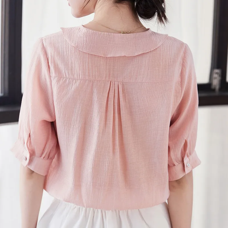 NAVIU Pink Shirt Elegant Women New Summer Ruffles Short Sleeve Casual lyocell Blouses Office Ladies Work Coat Tops White