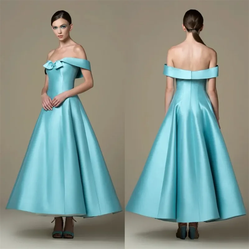 

2024 Elegant A Line Off The Shoulder Prom Dresses With Bow Tie Formal Dress Ankle Length SatinShort Evening Gowns
