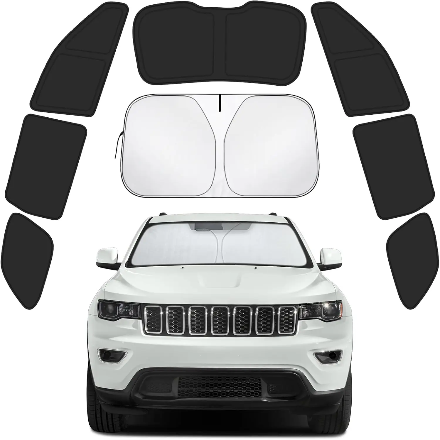

Custom Fit Sunshades for Jeep Grand Cherokee 2011-2021 - 8PC Set with Blackout Fabric & Memory Frame