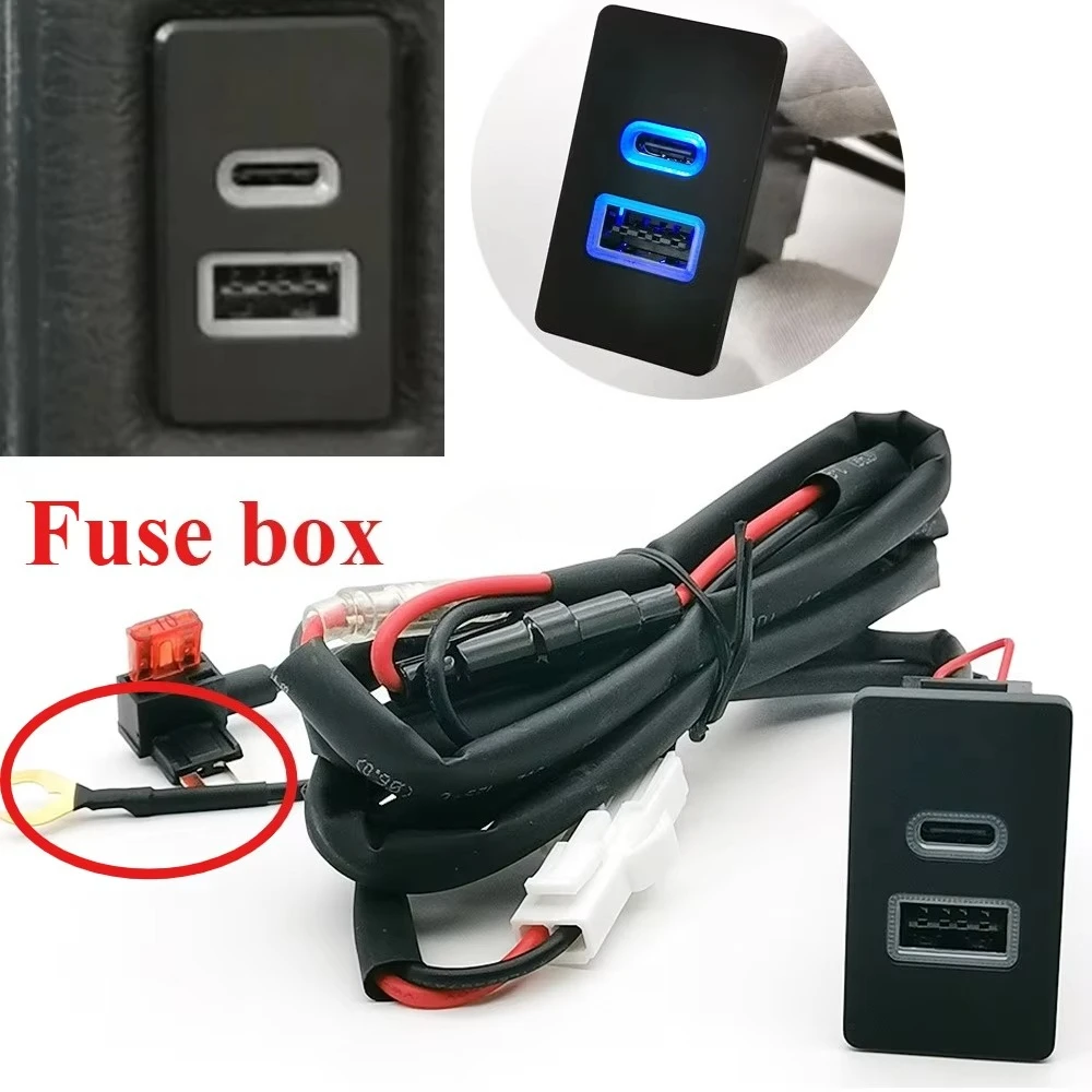 Car Dual Charge Adapter USB Type-C PD Dual Charger Socket Blue LED Light Fit For Toyota Corolla Camry LC80 LC95
