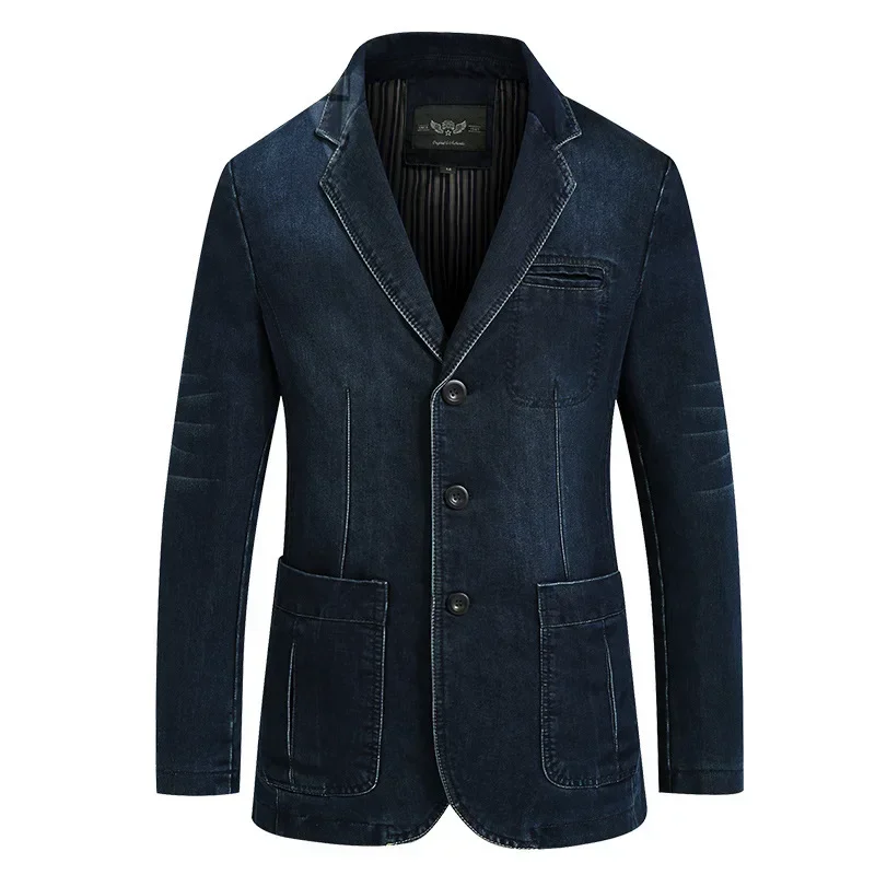 Autumn Winter Men's Denim Suit Cotton Slim Blazer Jacket Long Sleeve Single Breasted Button Pockets