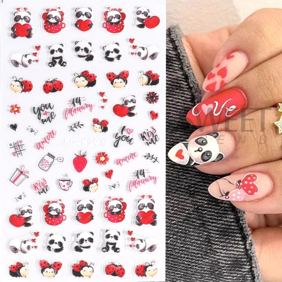 5D Cute Valentine adesivi per unghie in rilievo Cartoon Panda coccinella bambola cuore rosso lettera ti amo cursore inciso Manicure Decor