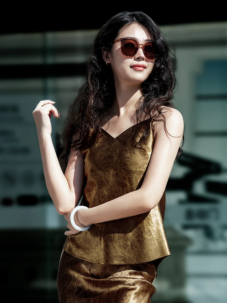 New Chinese Style Acetate Gold Plated Crack Pattern Small Strap Vest No Ironing Required Promotional Offer Women's Summer Fas...