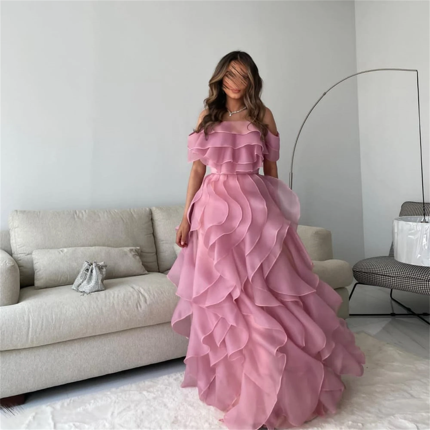 Warstwowe długie luksusowe suknie wieczorowe 2025 falbany sukienka na studniówkę różowe eleganckie suknie Eid Al-fitr Organza Party Dress