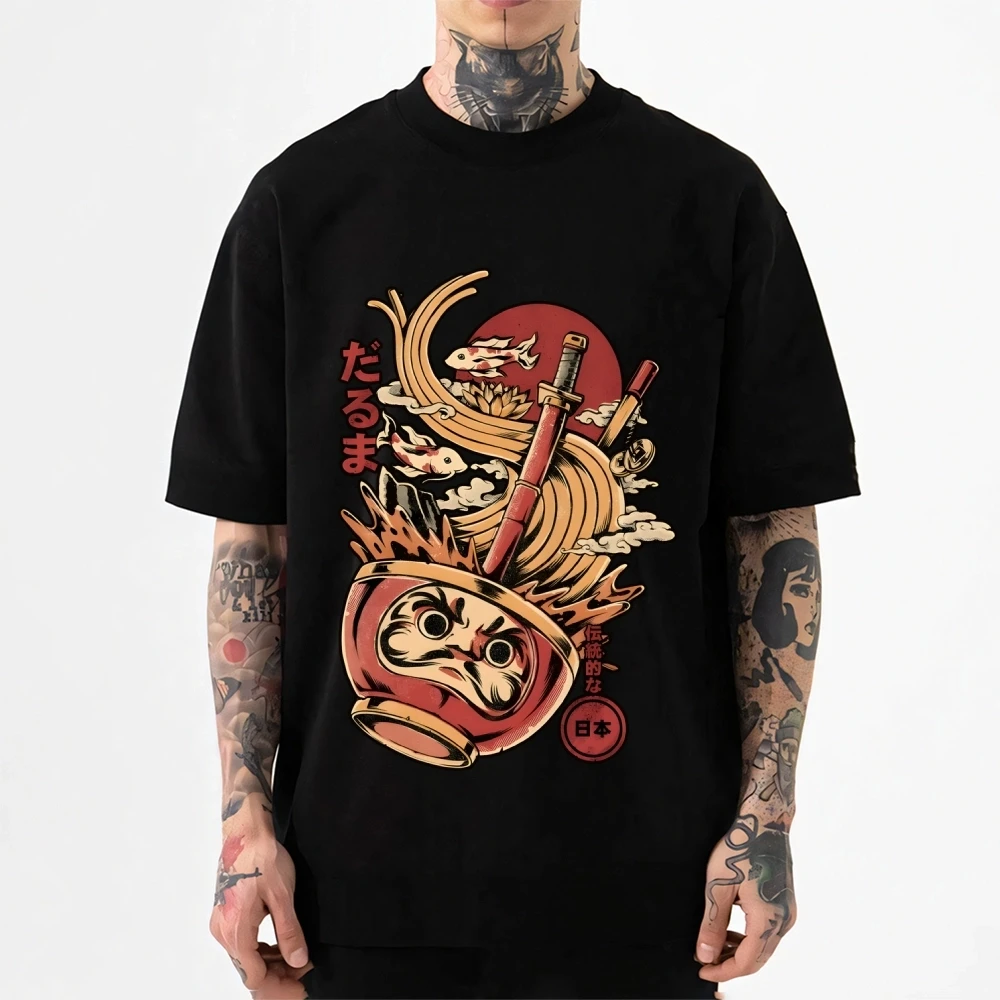 Camiseta Daruma Ramen de estilo japonés para hombre y mujer, nueva ropa de algodón de verano, Top de manga corta con cuello redondo a la moda Harajuku