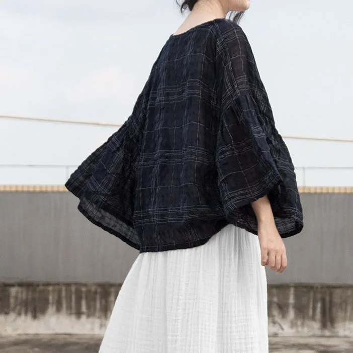 

Ramie jacquard fine thread plaid large lotus leaf eight-quarter sleeve loose top blouse fashionable casual versatile simple temp