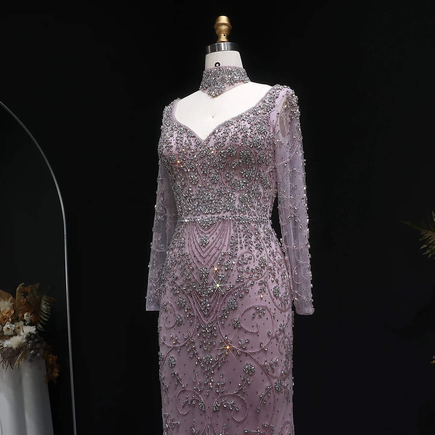 Sharon Said Luxuriöses Arabisches Dubai Rosa Meerjungfrauenkleid mit Langen Ärmeln, Perlenbesetztes Formelles Abendkleid für Hochzeit, Party, Ball, SS181 Maßanfertigung – Detail 9