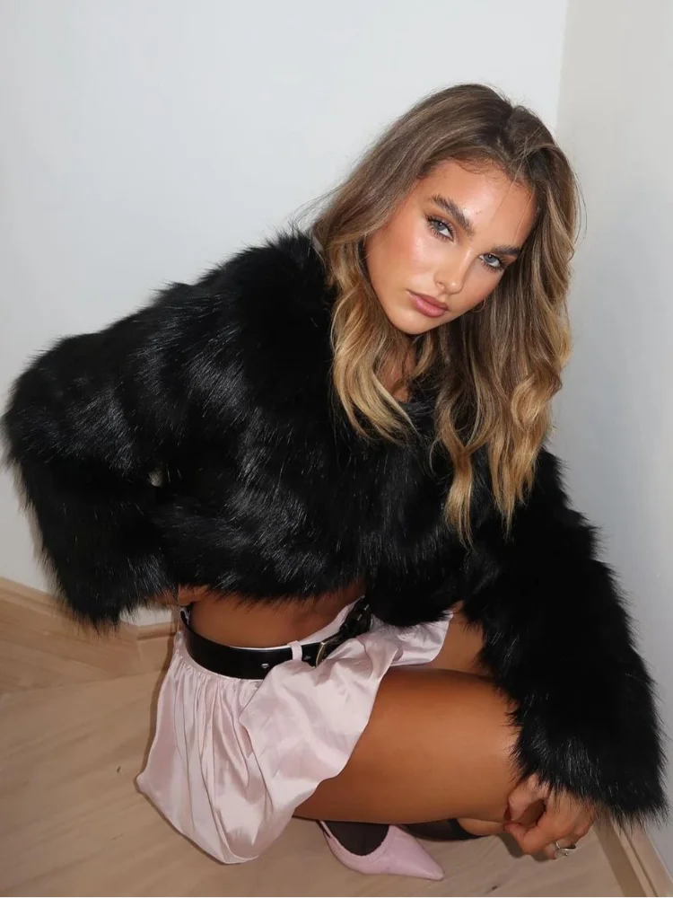 

Faux Fox Fur Coats Women Short Jackets Solid Turn Down Collar Long Sleeve Open Stitch Loose Thick Office Lady Casual Winter