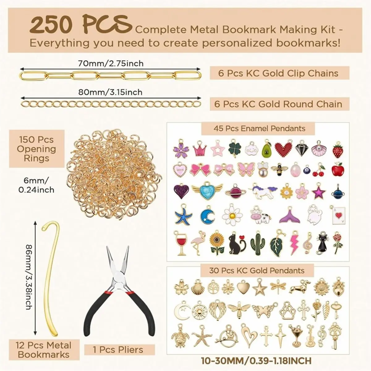 PHONE&GEAR 250 Pcs Metal Bookmarks Making Kit, DIY Metal Bar Bookmark Set with Charms, Chains, Jump Rings and Tools for DIY Cra