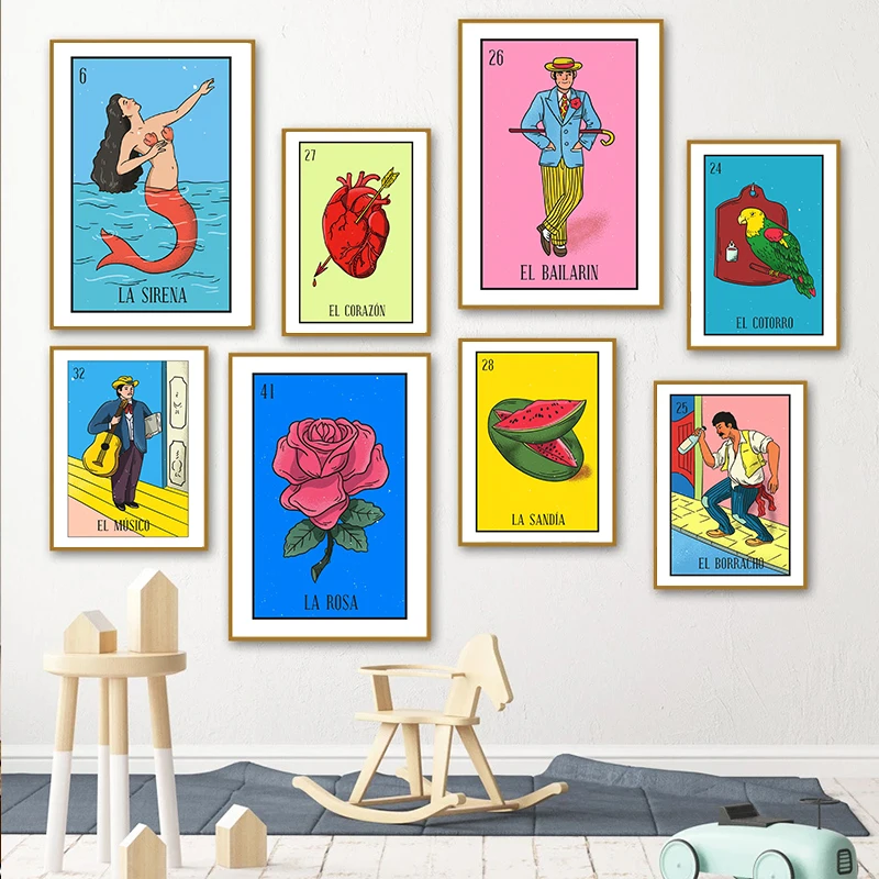 Mexican Lottery Canvas Painting Parrot Heart Watermelon Drum Borracho Man Poster and Print Wall Art Pictures Home Bed Room Decor