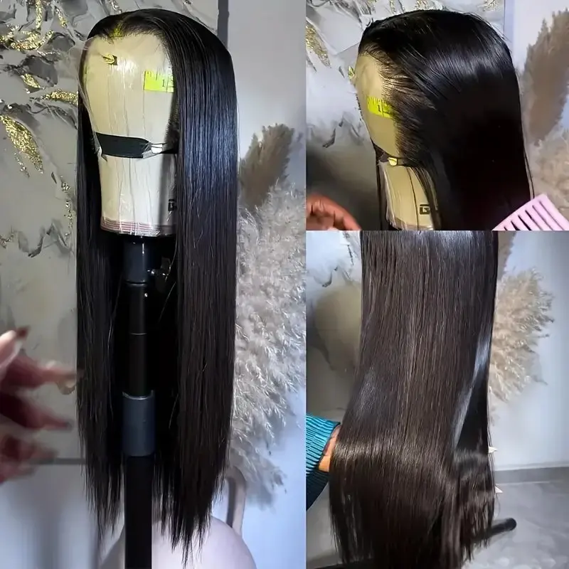 5x5 Glueless Straight Baby Hair 13x4 HD Lace 150 Density Natural Black 38 Inches Human Hair Wig Pre-Plucked For Women