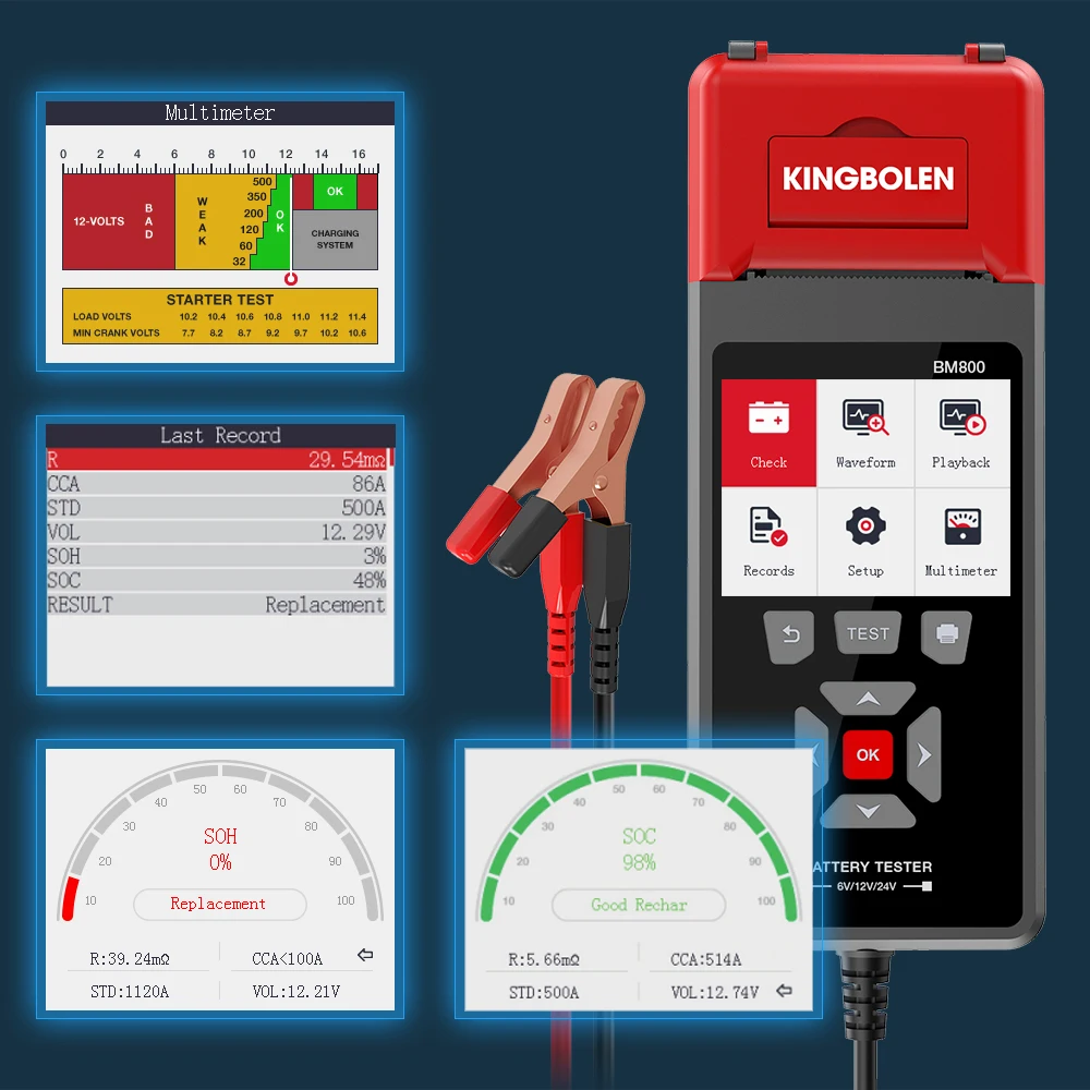 BM800 Tester akumulatorów samochodowych z drukarką 6V 12V 24V Analizator akumulatorów Test rozruchowy i test ładowania oraz maksymalny test