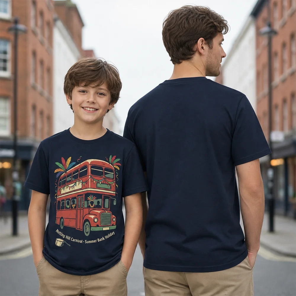 Notting Hill Carnival Short Sleeve T-Shirt British Summer Bank Holiday Graphic Tee Parent-Child Matching Double Decker Bus Tops