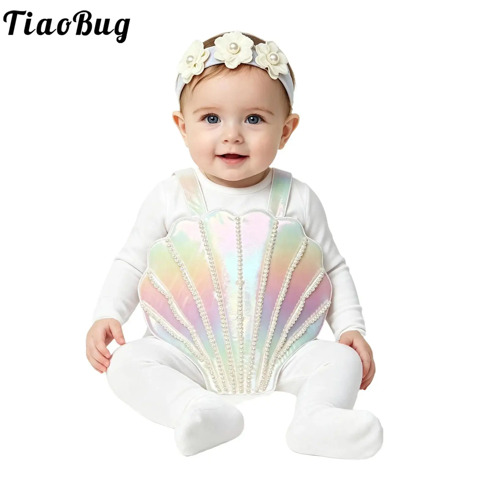 Baby Toddlers Outfit Glossy Sleeveless Pearl Seashell-shaped Costume with Faux Flower Headband for Birthday Theme Party Cosplay